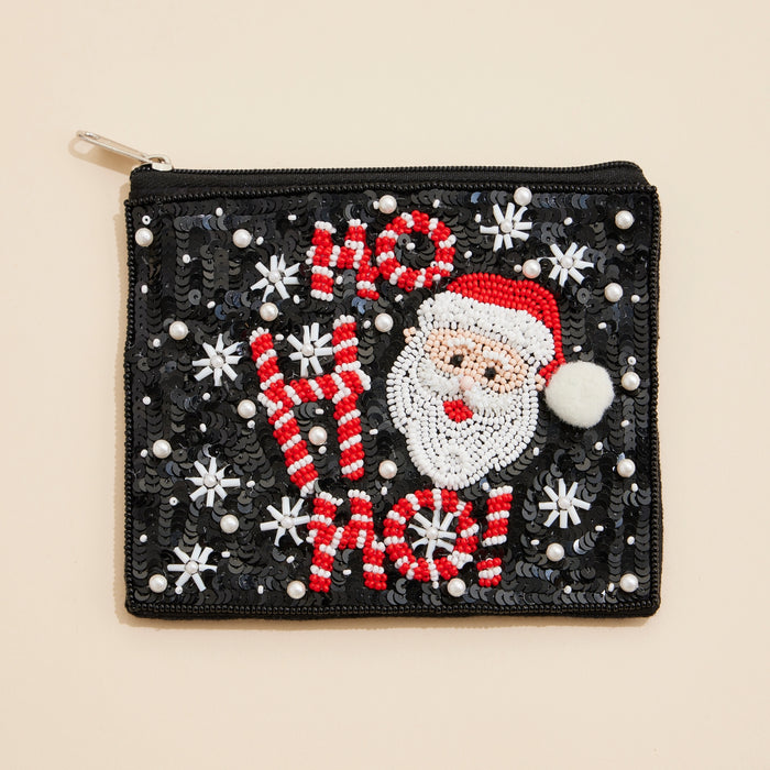 Christmas Santa & Ho Ho Ho Seed Beaded Coin Pouch