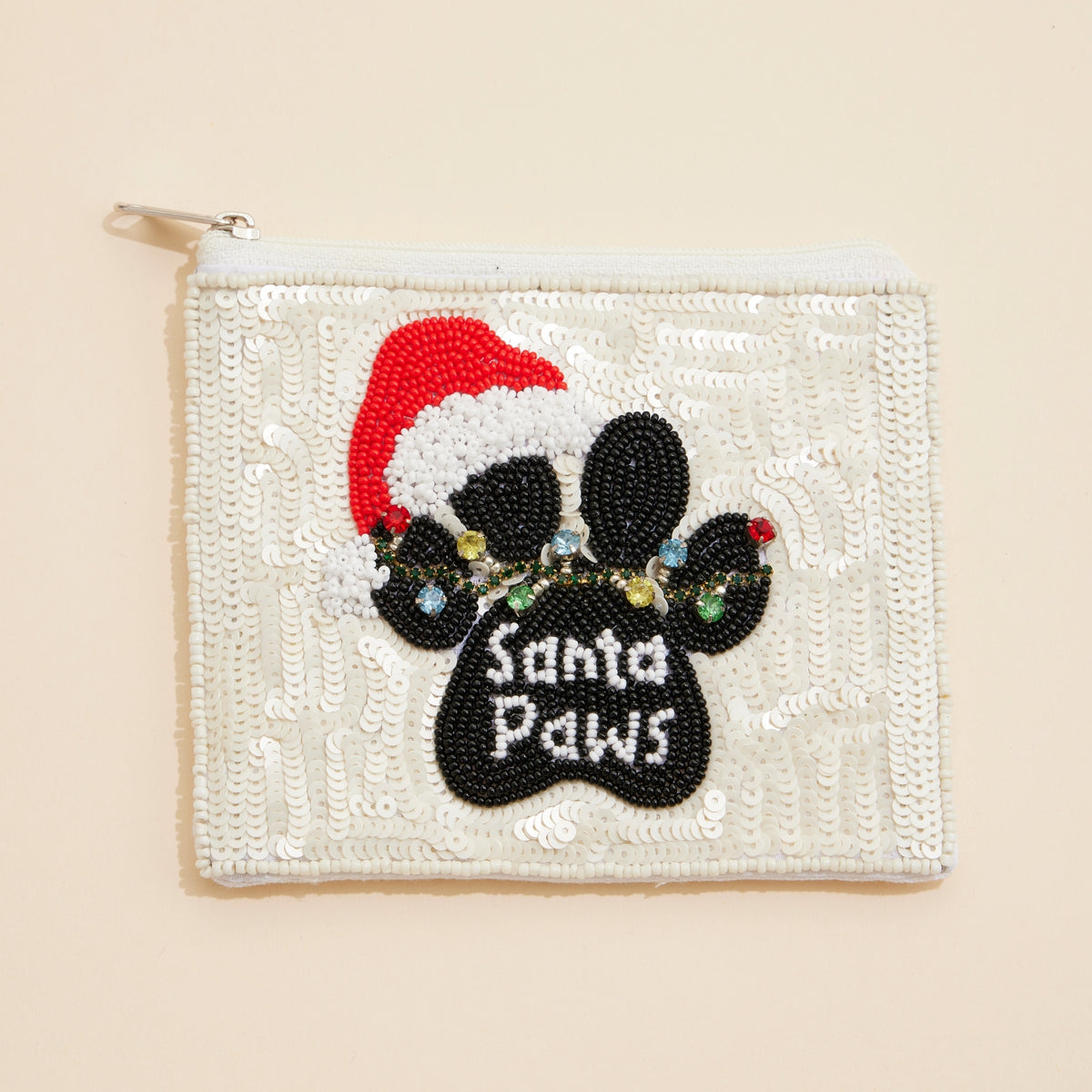 Seed Beaded Santa Paws Coin Pouch | Holiday Zip Wallet