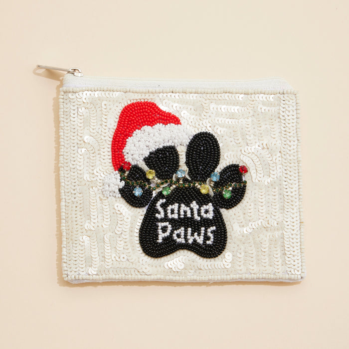 Seed Beaded Santa Paws Coin Pouch | Holiday Zip Wallet