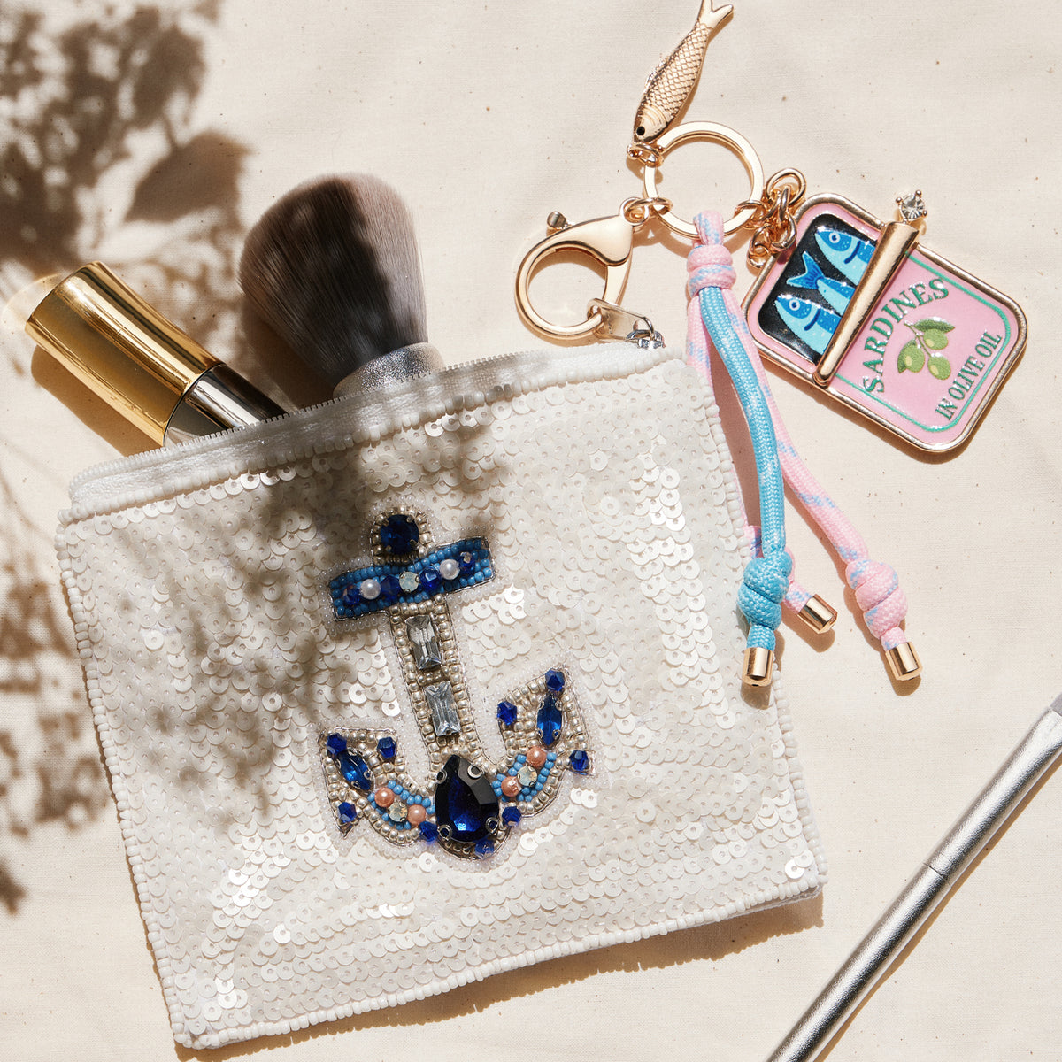 Beaded Sequin Anchor Coin Pouch — White Blue