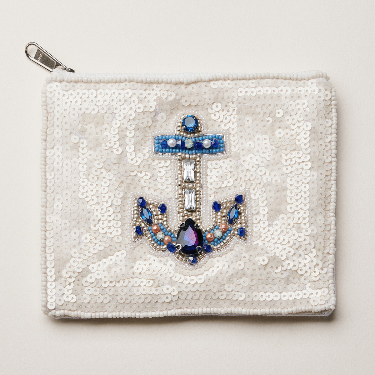 Beaded Sequin Anchor Coin Pouch — White Blue