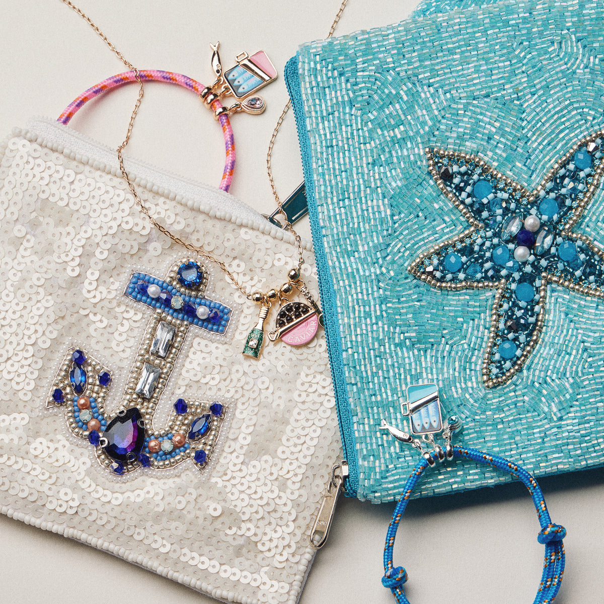Beaded Sequin Starfish Pouch — Aqua