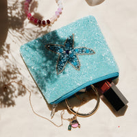 Beaded Sequin Starfish Pouch — Aqua