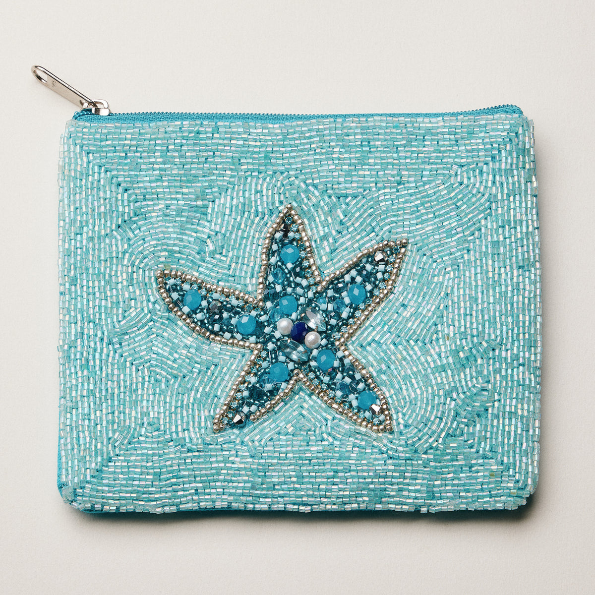 Beaded Sequin Starfish Pouch — Aqua