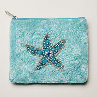 Beaded Sequin Starfish Pouch — Aqua