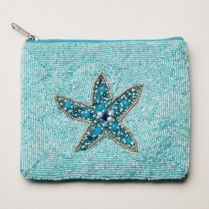 Beaded Sequin Starfish Pouch — Aqua