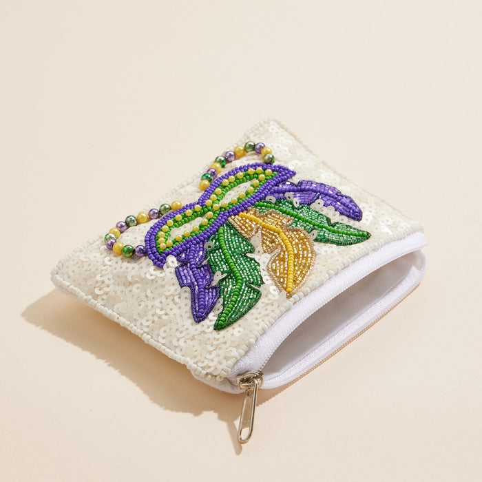 Mardi Gras Beaded Mask Sequin Pouch Festive Party Accessory