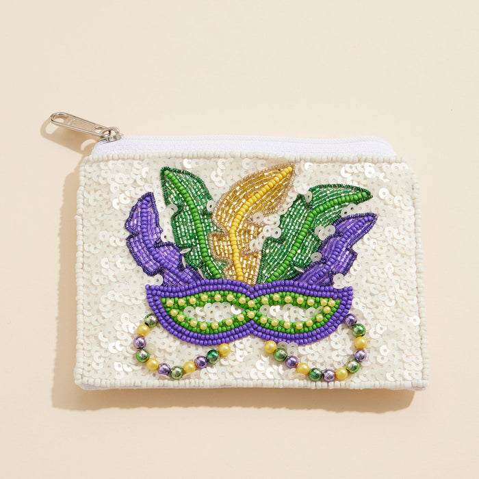 Mardi Gras Beaded Mask Sequin Pouch Festive Party Accessory
