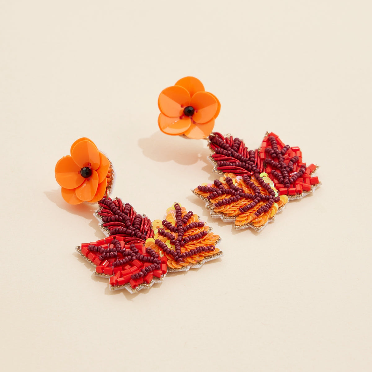 Fall Maple Leaf Seed Beaded Dangling Earrings