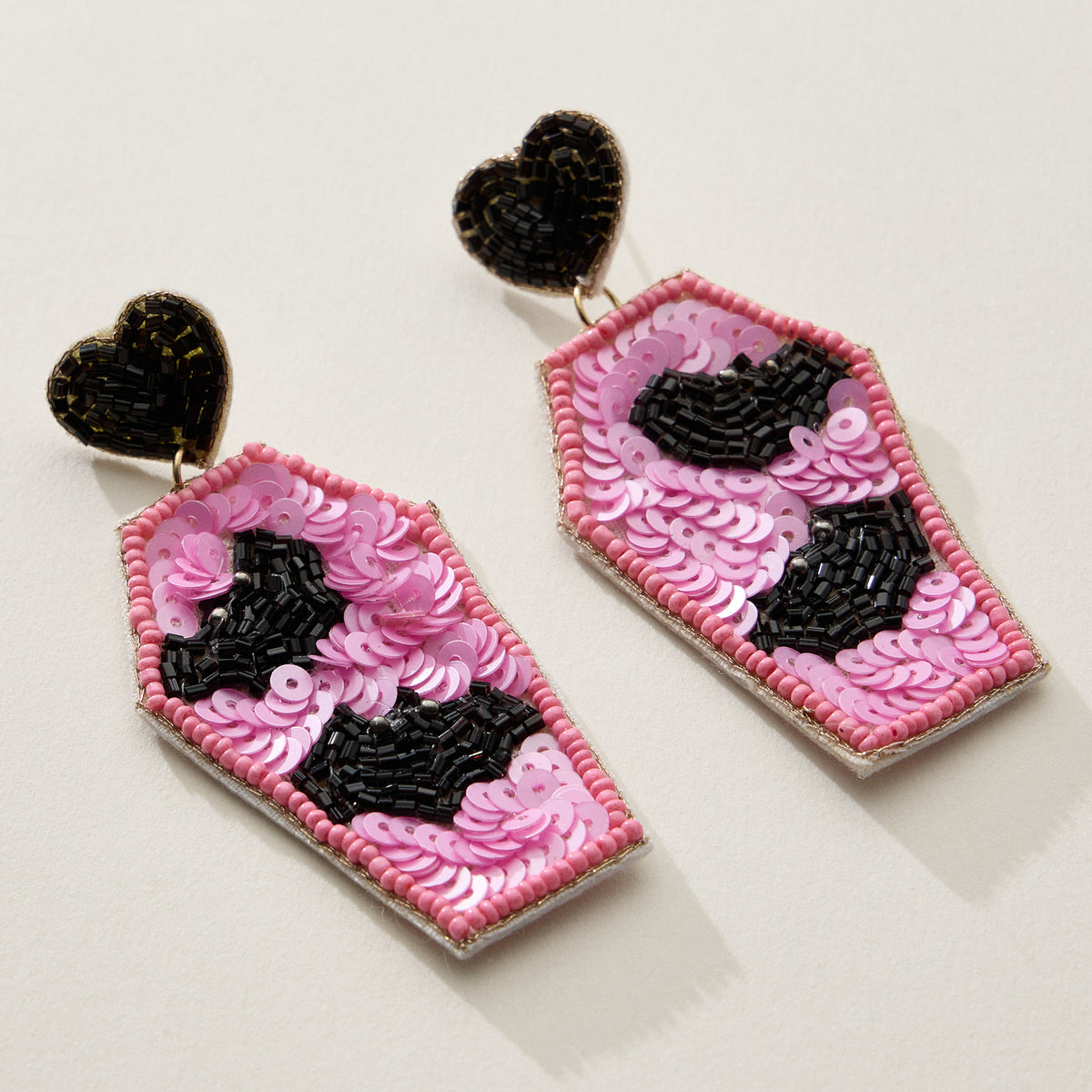 Beaded Coffin Earrings with Bat Design
