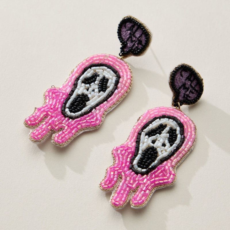 Beaded Ghost Face Halloween Drop Earrings