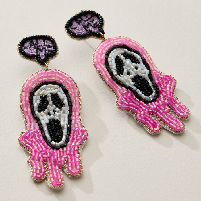 Beaded Ghost Face Halloween Drop Earrings