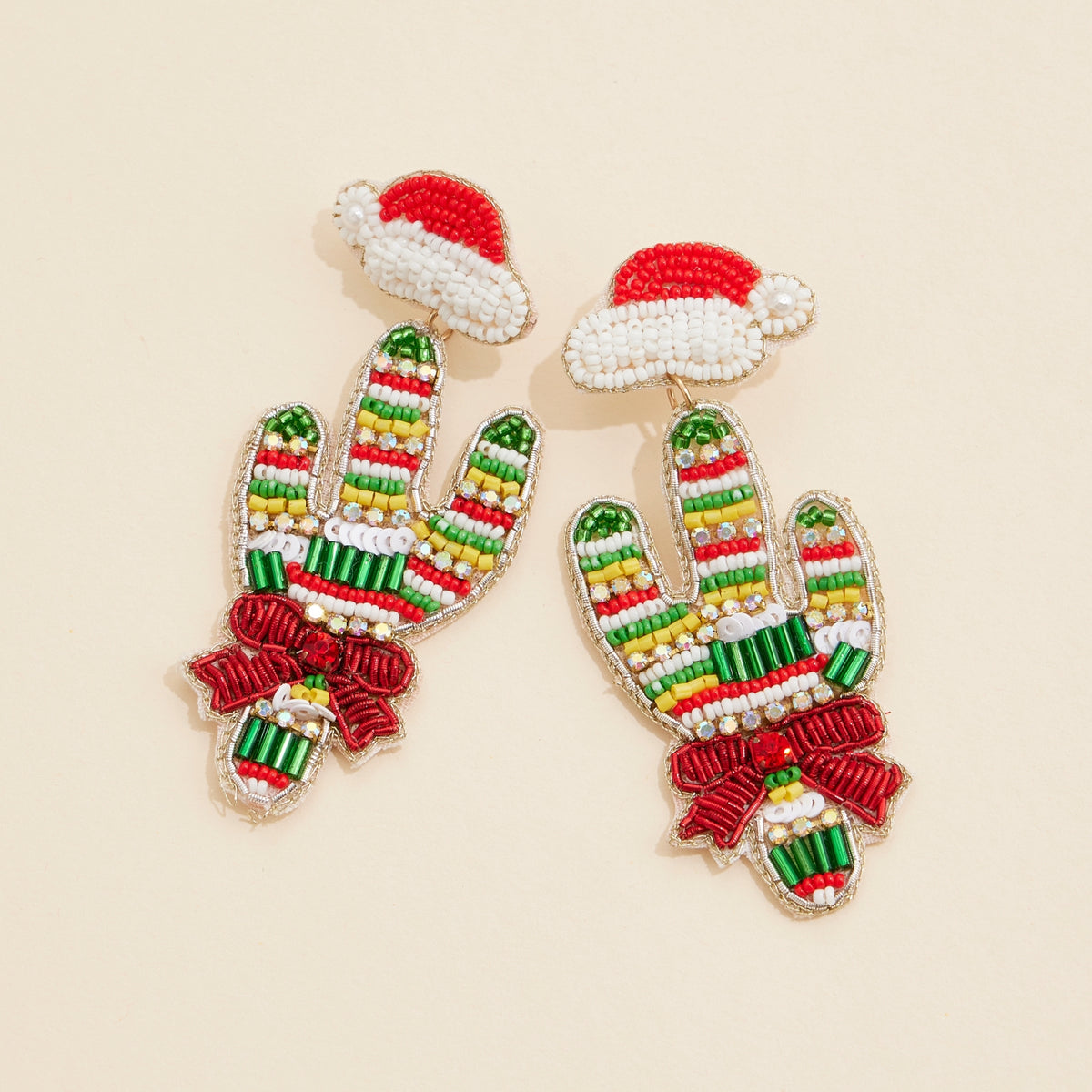 Christmas Cactus Seed Beaded Dangling Earrings