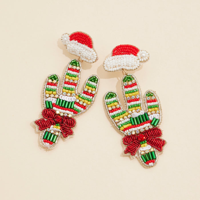 Christmas Cactus Seed Beaded Dangling Earrings