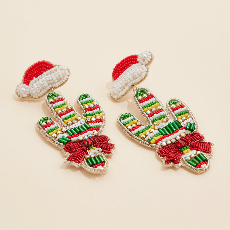 Christmas Cactus Seed Beaded Dangling Earrings