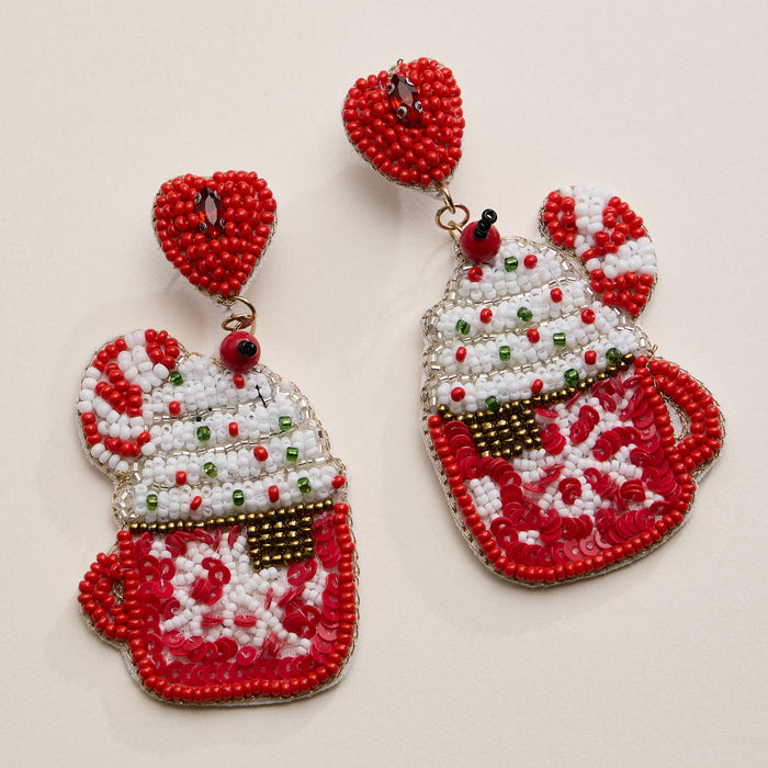 Christmas Hot Chocolate Mug Beaded Dangling Earrings
