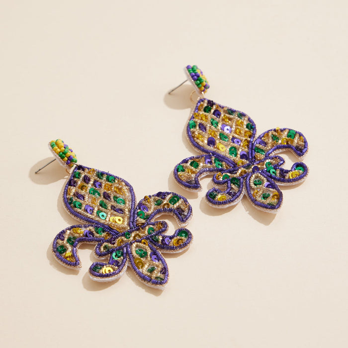 Mardi Gras Fleur-de-Lis Beaded Earrings Festive Statement Jewelry