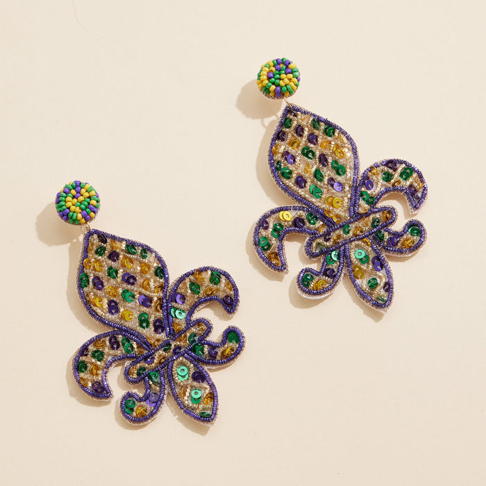 Mardi Gras Fleur-de-Lis Beaded Earrings Festive Statement Jewelry