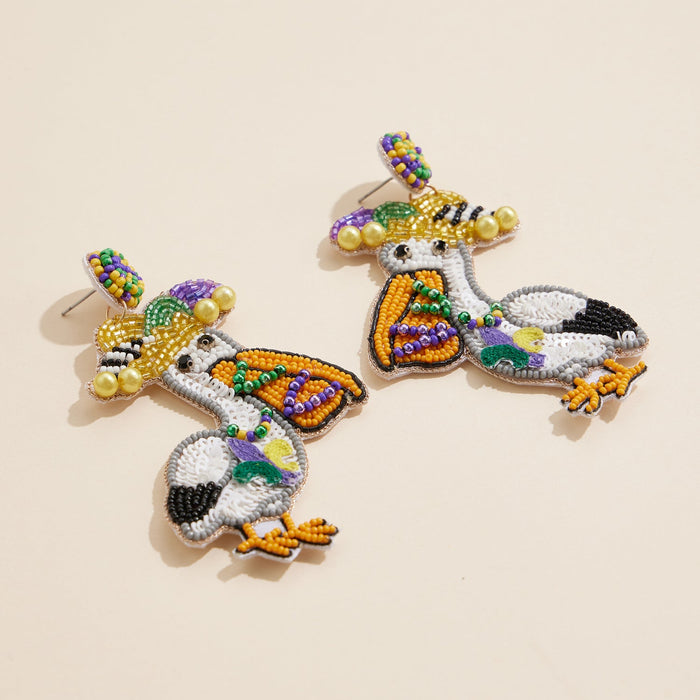 Mardi Gras Pelican Beaded Earrings Fun Carnival Statement Jewelry