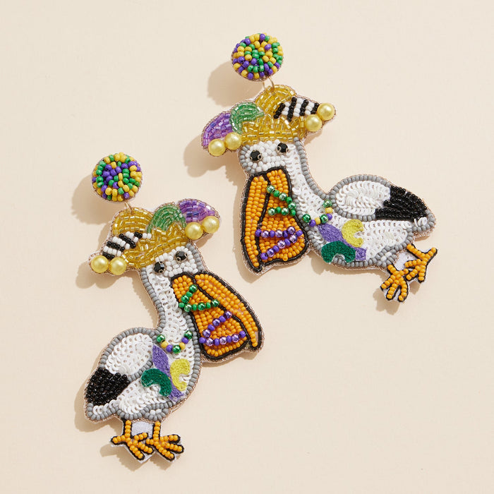 Mardi Gras Pelican Beaded Earrings Fun Carnival Statement Jewelry