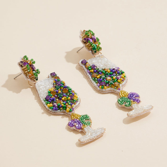 Mardi Gras Wine Glass Beaded Earrings Festive Celebration Jewelry