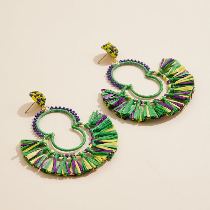 Mardi Gras Fringe Hoop Earrings with Beaded Accents Festive Statement Jewelry