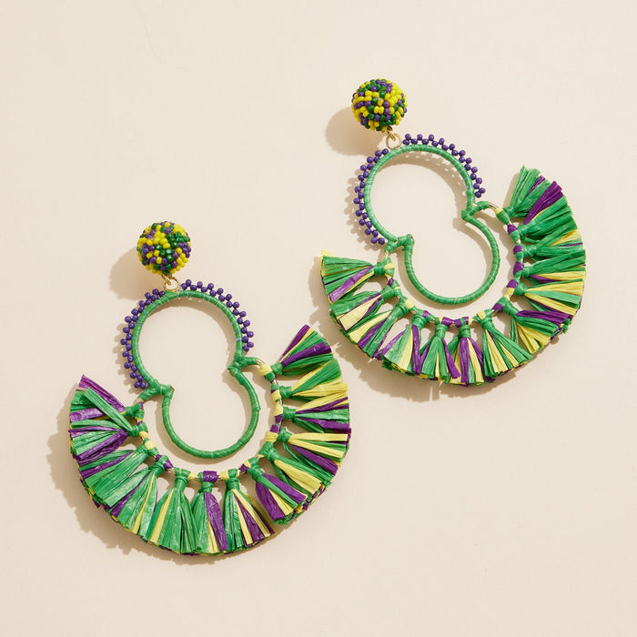 Mardi Gras Fringe Hoop Earrings with Beaded Accents Festive Statement Jewelry