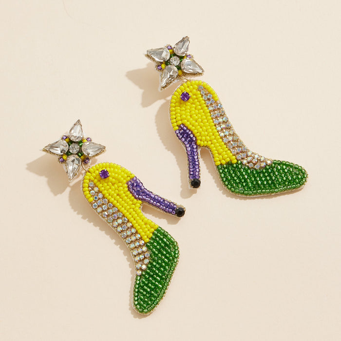 Mardi Gras High Heel Beaded Earrings with Rhinestone Accents Festive Jewelry