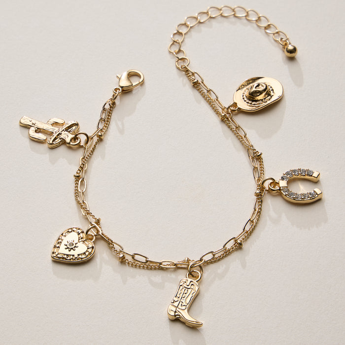 Western Charm Bracelet – Cowboy Boot, Hat, Horseshoe, Cactus and Heart Charms