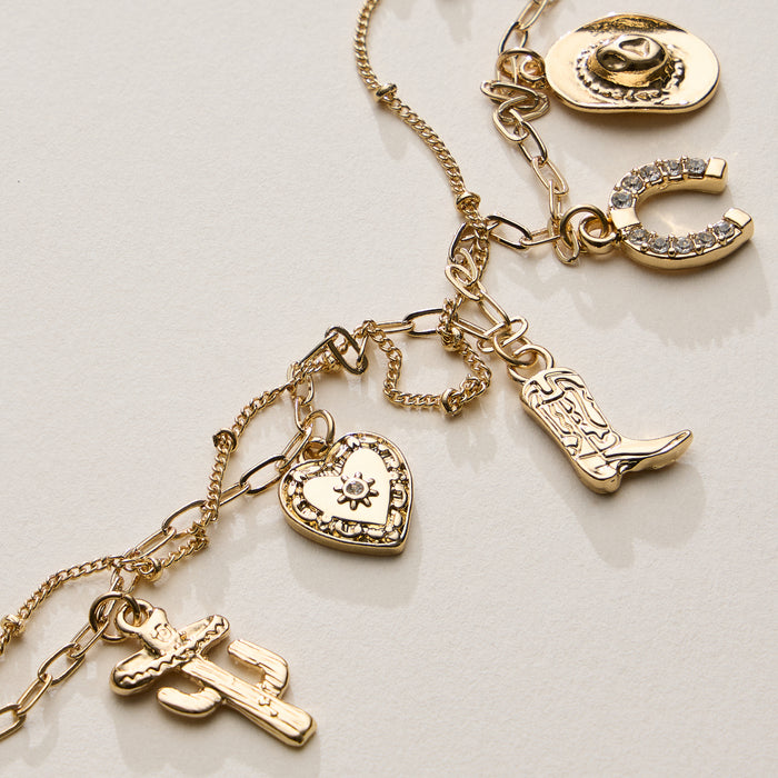 Western Charm Bracelet – Cowboy Boot, Hat, Horseshoe, Cactus and Heart Charms