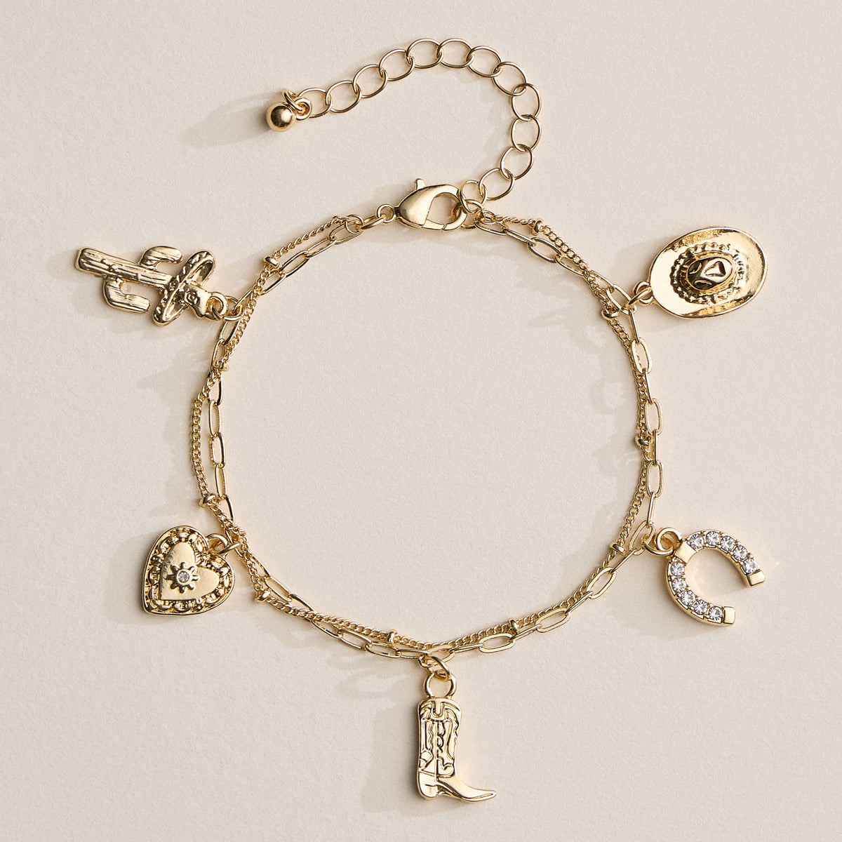 Western Charm Bracelet – Cowboy Boot, Hat, Horseshoe, Cactus and Heart Charms
