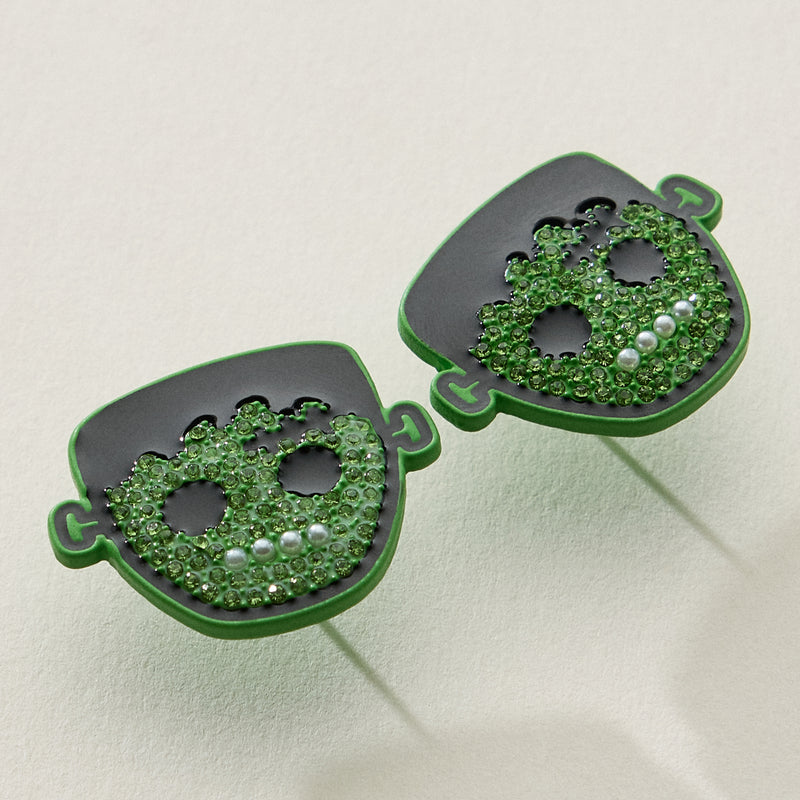 Green Rhinestone Frankenstein Halloween Earrings
