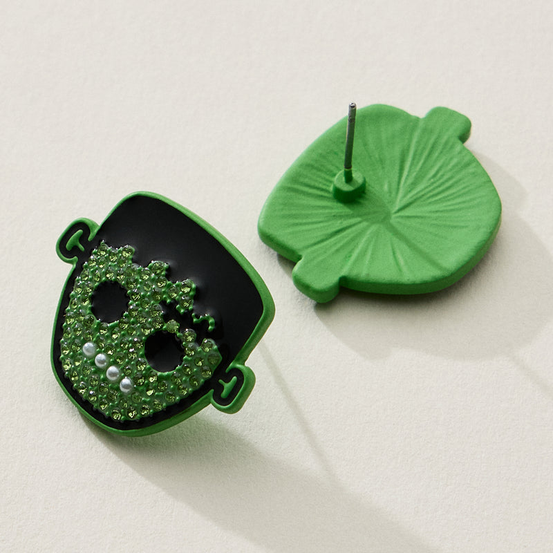 Green Rhinestone Frankenstein Halloween Earrings