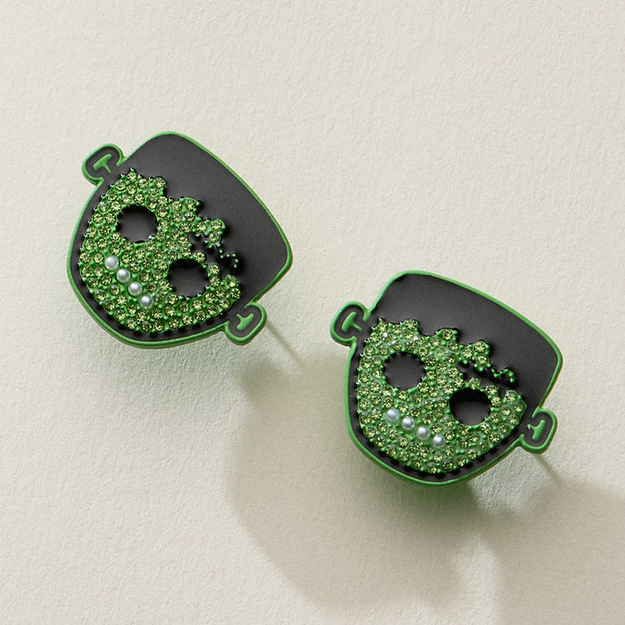 Green Rhinestone Frankenstein Halloween Earrings