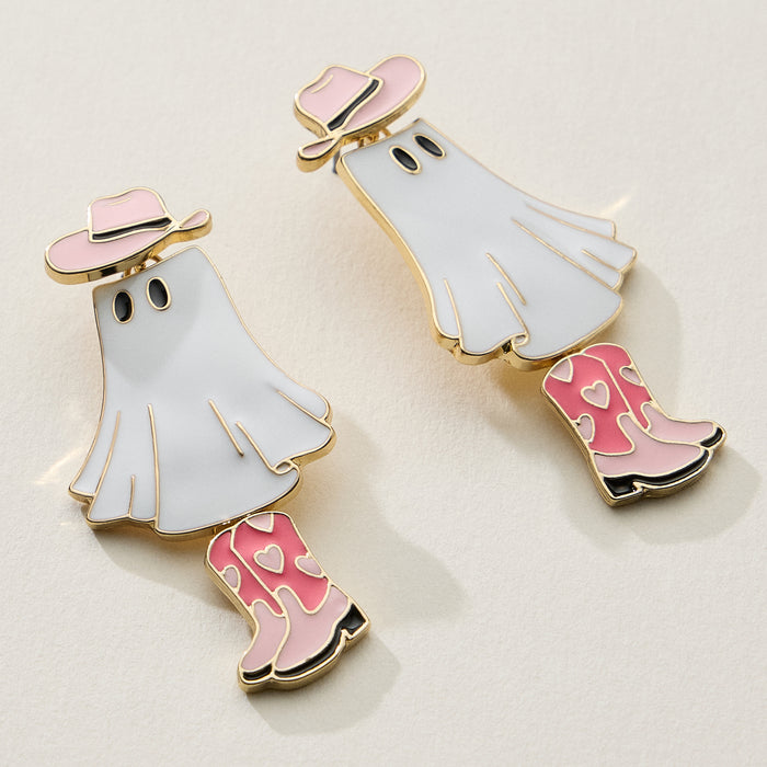 Cowgirl Ghost Enamel Earrings with Pink Boots