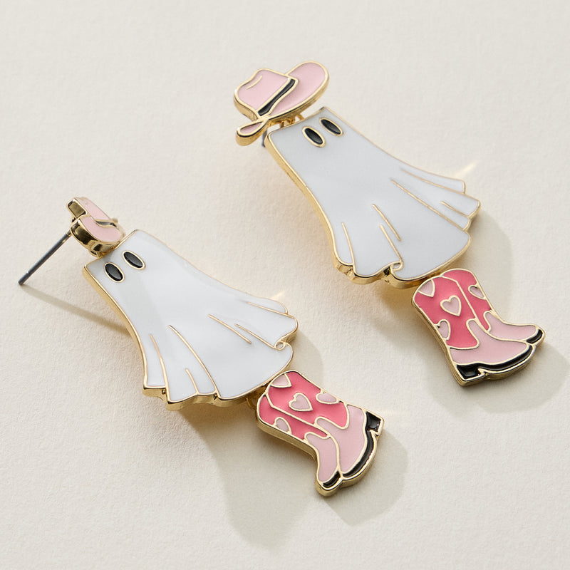 Cowgirl Ghost Enamel Earrings with Pink Boots