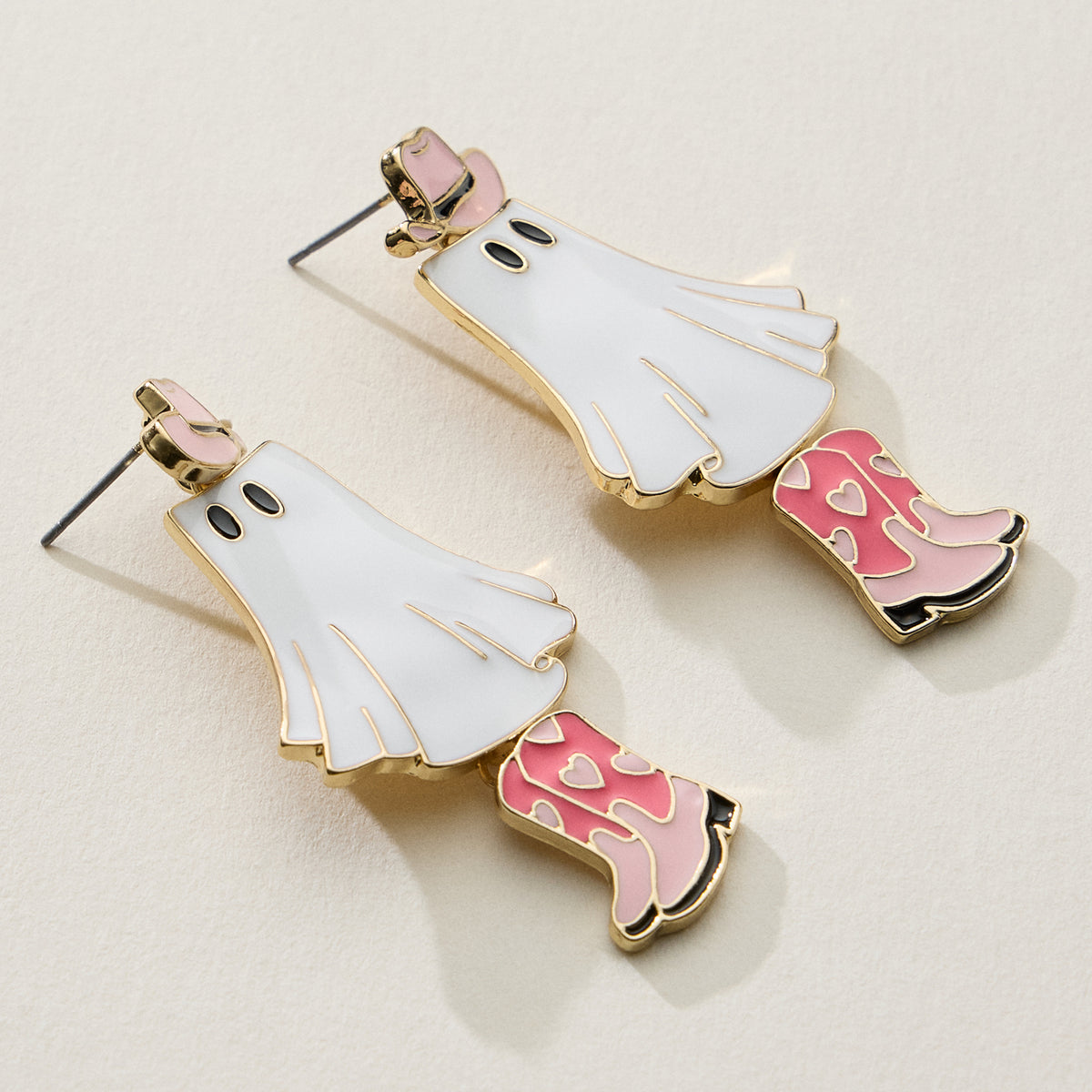 Cowgirl Ghost Enamel Earrings with Pink Boots