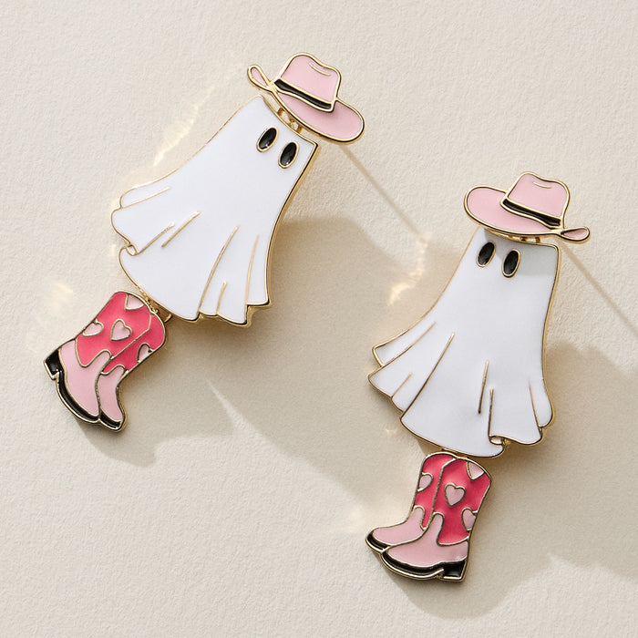 Cowgirl Ghost Enamel Earrings with Pink Boots