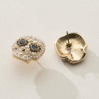 Pearl and Rhinestone Skull Halloween Earrings