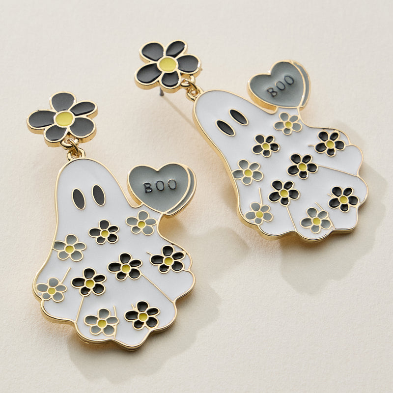 Halloween Ghost Enamel Earrings with Floral Design