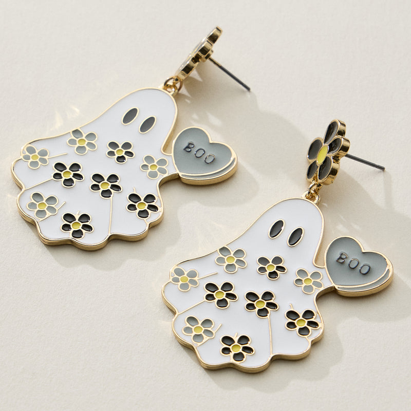 Halloween Ghost Enamel Earrings with Floral Design