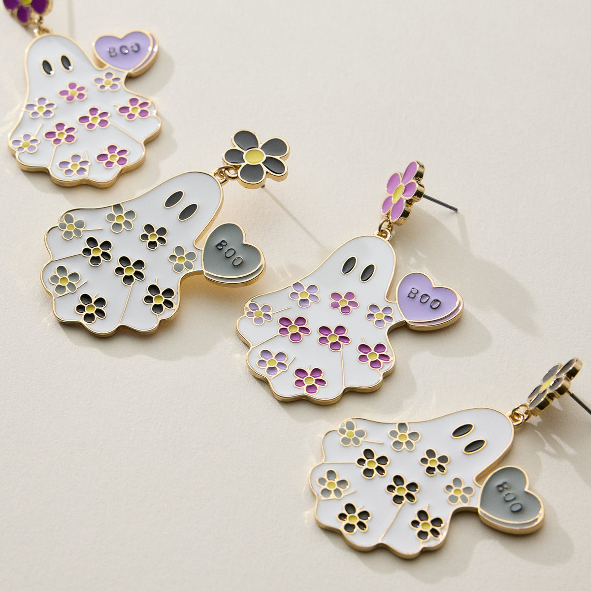 Halloween Ghost Enamel Earrings with Floral Design