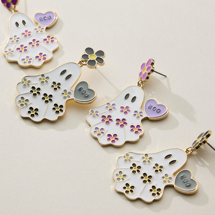 Halloween Ghost Enamel Earrings with Floral Design