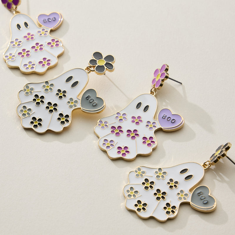 Halloween Ghost Enamel Earrings with Floral Design