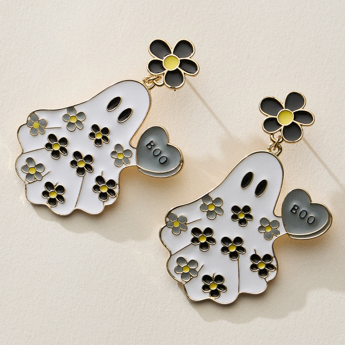 Halloween Ghost Enamel Earrings with Floral Design