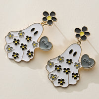 Halloween Ghost Enamel Earrings with Floral Design
