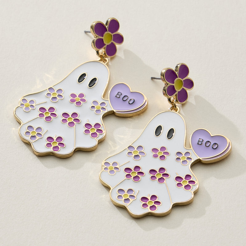 Halloween Ghost Enamel Earrings with Floral Design