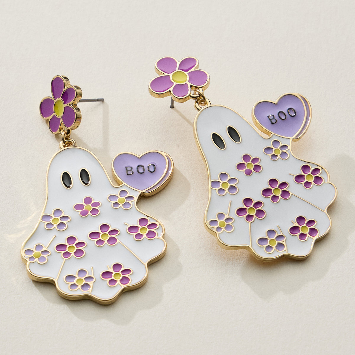 Halloween Ghost Enamel Earrings with Floral Design