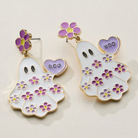 Halloween Ghost Enamel Earrings with Floral Design