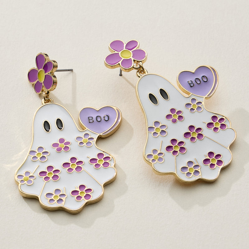 Halloween Ghost Enamel Earrings with Floral Design